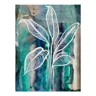 Turquoise Blauw & Teal Modern Botanische Waterverf Perfect Poster