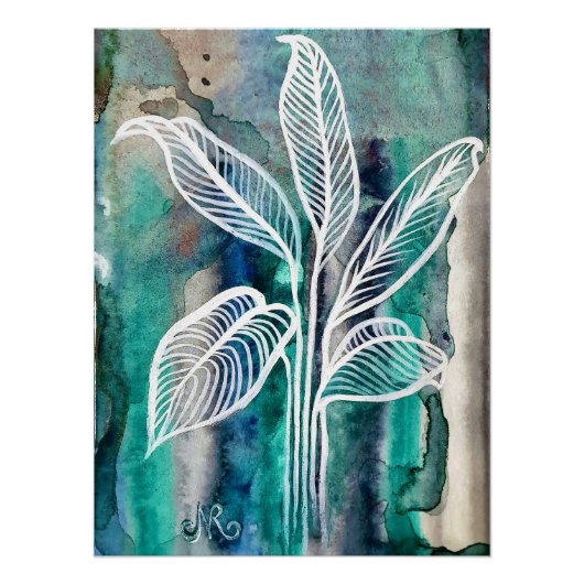 Turquoise Blauw & Teal Modern Botanische Waterverf Perfect Poster (Voorkant)
