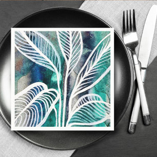 Turquoise Blauw & Teal Modern Botanische Waterverf Servet