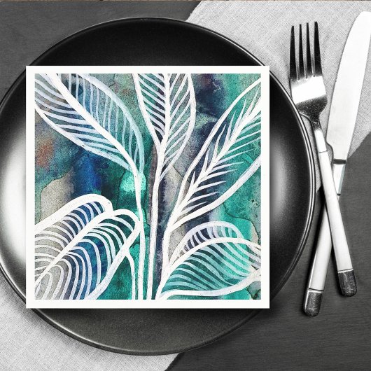 Turquoise Blauw & Teal Modern Botanische Waterverf Servet