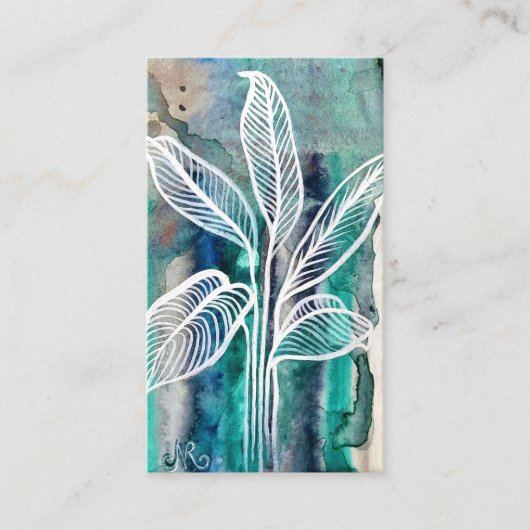 Turquoise Blauw & Teal Modern Botanische Waterverf Visitekaartje (Voorkant)