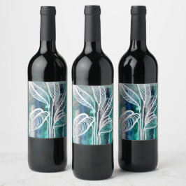 Turquoise Blauw & Teal Modern Botanische Waterverf Wijn Etiket