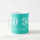 Turquoise blauw wit 50 en fantastische verjaardag koffiemok (Voorkant links)