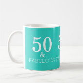 Turquoise blauw wit 50 en fantastische verjaardag koffiemok (Links)