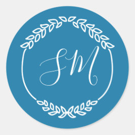 Turquoise Blauw Wit Blad Krans Monogram Bruiloft Ronde Sticker