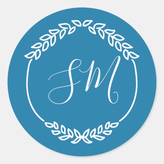 Turquoise Blauw Wit Blad Krans Monogram Bruiloft Ronde Sticker (Voorkant)