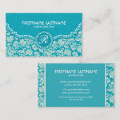 Turquoise Blauw & Wit Bloemen Damasks-Gepersonalis Visitekaartje (Voorkant / Achterkant)