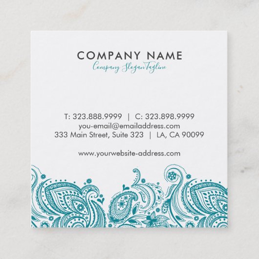 Turquoise-Blauw & Wit Bloemen Paisley Kant Vierkante Visitekaartje (Achterkant)