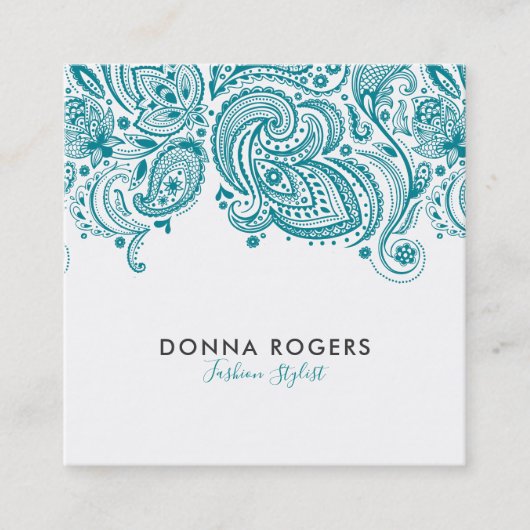 Turquoise-Blauw & Wit Bloemen Paisley Kant Vierkante Visitekaartje (Voorkant)