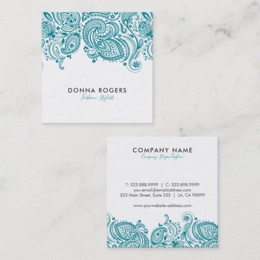 Turquoise-Blauw & Wit Bloemen Paisley Kant Vierkante Visitekaartje (Voorkant / Achterkant)