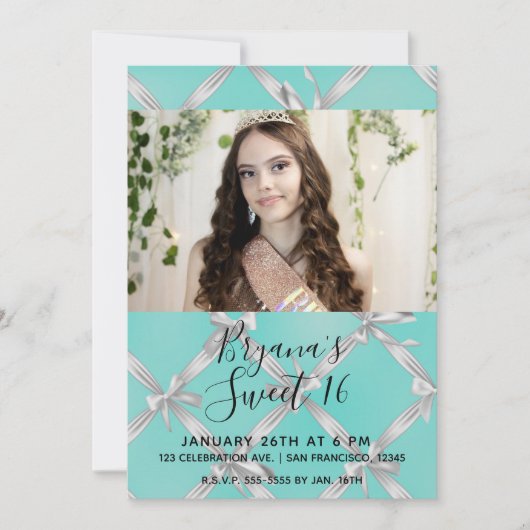 Turquoise Blauw & Wit Bogen Sweet 16 Party Foto Kaart (Voorkant)