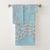 Turquoise Blauw Wit Kant Hart Bruiloft Bruids Bad Handdoek (Insitu)
