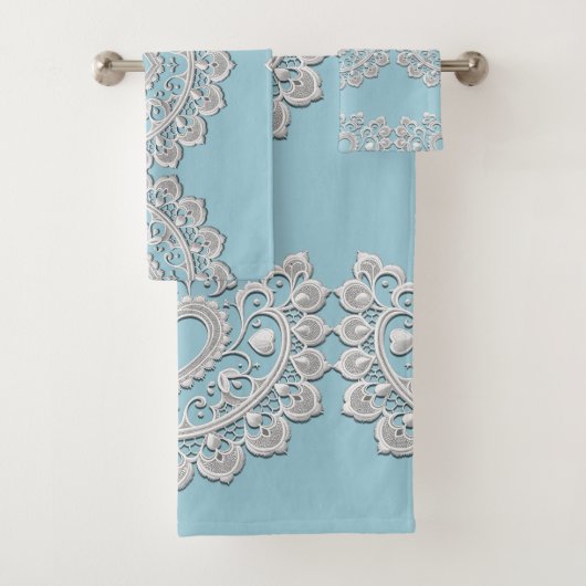 Turquoise Blauw Wit Kant Hart Bruiloft Bruids Bad Handdoek (Insitu)