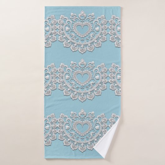 Turquoise Blauw Wit Kant Hart Bruiloft Bruids Bad Handdoek (Badhanddoek)