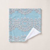 Turquoise Blauw Wit Kant Hart Bruiloft Bruids Bad Handdoek (Wasdoekje)