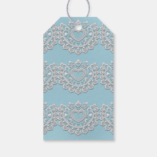 Turquoise Blauw Wit Kant Hart Bruiloft Bruids Cadeaulabel (Achterkant)