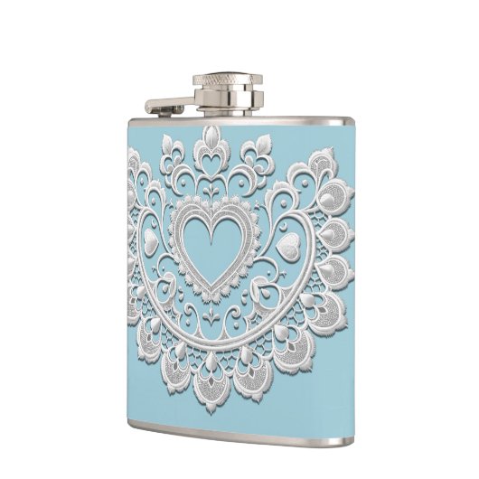 Turquoise Blauw Wit Kant Hart Bruiloft Bruids Heupfles (Links)