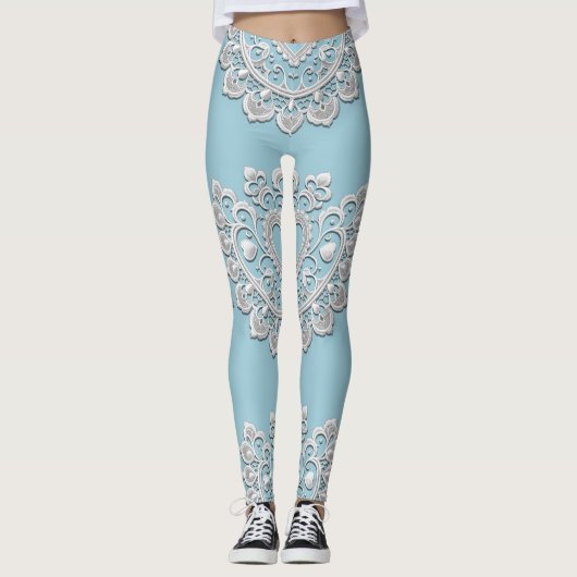 Turquoise Blauw Wit Kant Hart Bruiloft Bruids Leggings (Voorkant)