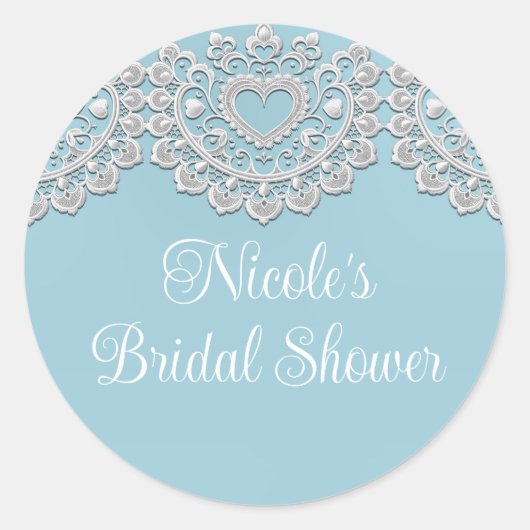 Turquoise Blauw Wit Kant Hart Bruiloft Bruids Ronde Sticker (Voorkant)