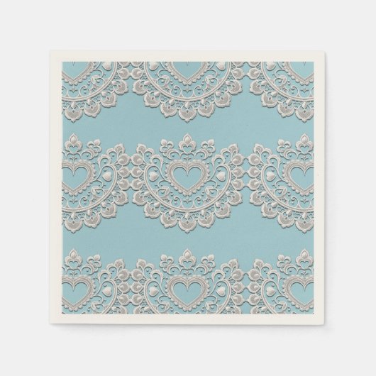 Turquoise Blauw Wit Kant Hart Bruiloft Bruids Servet (Voorkant)