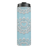 Turquoise Blauw Wit Kant Hart Bruiloft Bruids Thermosbeker (Voorkant)