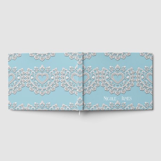 Turquoise Blauw Wit Kant Hart Bruiloft Gastenboek (Volledig)