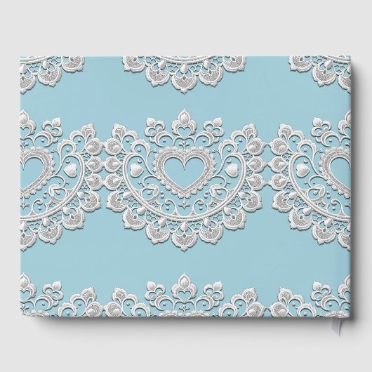 Turquoise Blauw Wit Kant Hart Bruiloft Gastenboek (Achterkant)