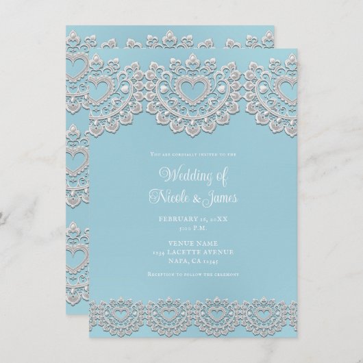 Turquoise Blauw Wit Kant Hart Bruiloft Kaart (Voorkant / Achterkant)