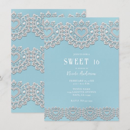 Turquoise Blauw Wit Kant Hart Zoet 16 Kaart (Voorkant / Achterkant)