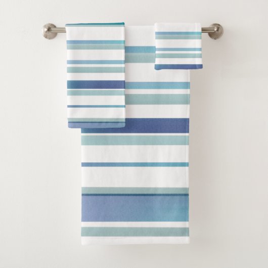 Turquoise Blauw Wit Waterverf Stripes Bad Handdoek (Insitu)