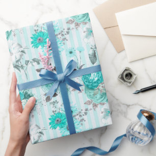 Turquoise Blauw & Witte Bloem Strepen Voor Elke Ge Cadeaupapier