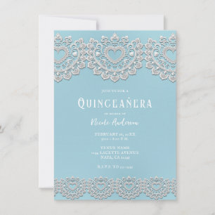 Turquoise Blauw Witte Kant Hart Quinceañera Feest Kaart