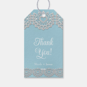Turquoise Blauw Witte Kant Hart Trouw Bruids- Cadeaulabel