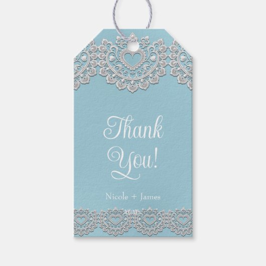 Turquoise Blauw Witte Kant Hart Trouw Bruids- Cadeaulabel (Voorkant)