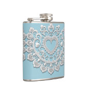 Turquoise Blauw Witte Kant Hart Trouw Bruids- Heupfles (Rechts)
