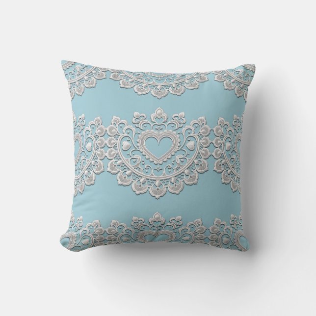 Turquoise Blauw Witte Kant Hart Trouw Bruids- Kussen (Voorkant)