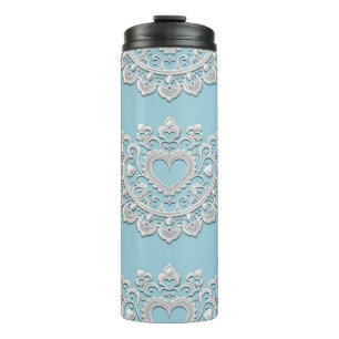 Turquoise Blauw Witte Kant Hart Trouw Bruids- Thermosbeker