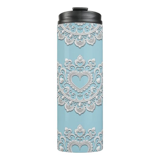 Turquoise Blauw Witte Kant Hart Trouw Bruids- Thermosbeker (Voorkant)