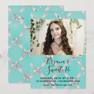 Turquoise Blauw & Witte Strikken Sweet 16 Feest Fo Kaart