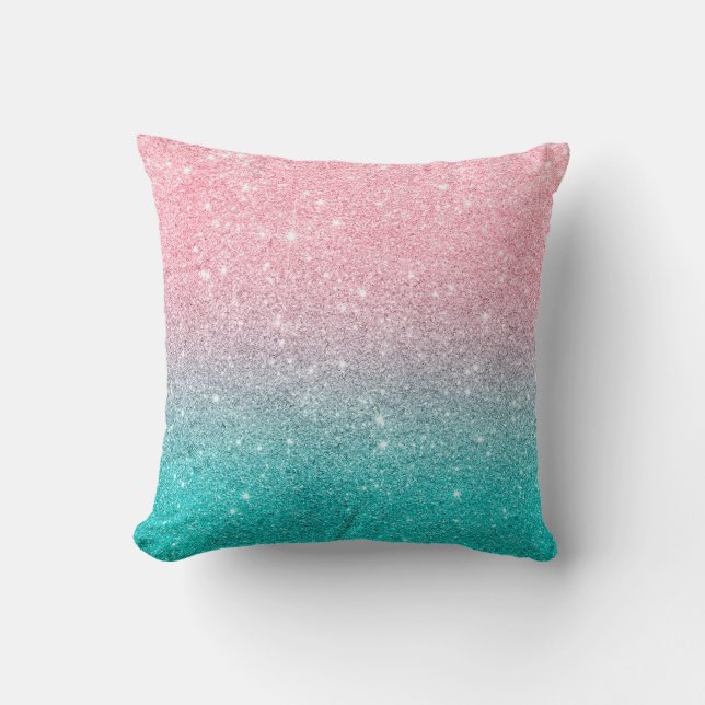 Turquoise-Blauw & Zalm Roze Sprankelende Glitter Kussen (Voorkant)