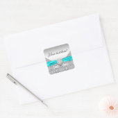 Turquoise Blauw Zilver Diamant Vierkante Sticker (Envelop)