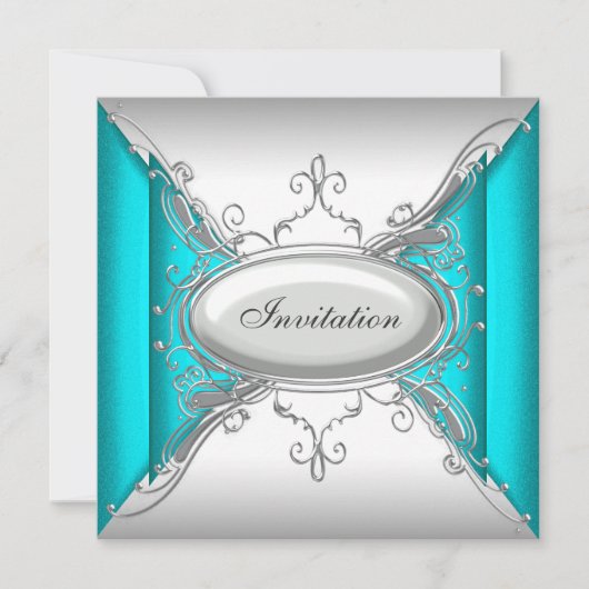 Turquoise Blauw Zilver Feest Kaart (Voorkant)