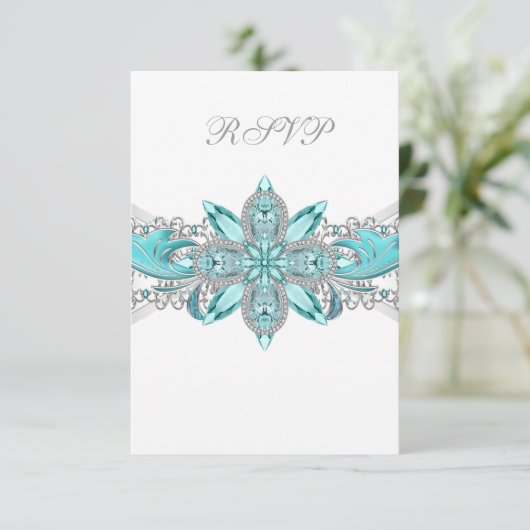 Turquoise Blauw Zilver Quinceanera RSVP (Staand voorkant)