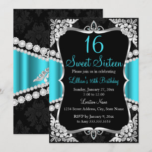 Turquoise Blauw Zilver Zwart Tiara Sweet 16 Uitnod Kaart