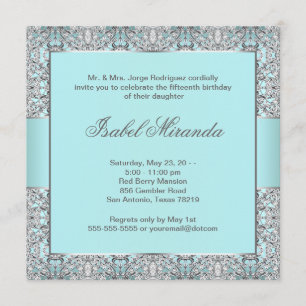 Turquoise Blauw Zilveren Kant Quinceanera Kaart