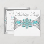 Turquoise Blauw Zilveren Verjaardag Uitnodigingen (Voorkant / Achterkant)