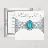 Turquoise Blauw Zilveren Verjaardag Uitnodigingen (Voorkant / Achterkant)