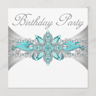Turquoise Blauw Zilveren Verjaardagsfeest Uitnodig Kaart
