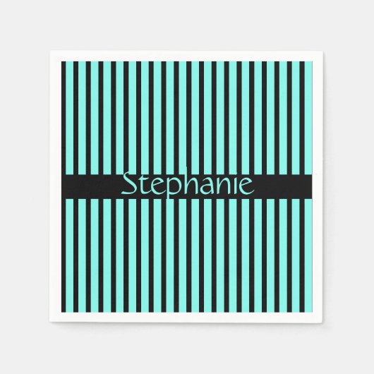 Turquoise Blauw Zwart Aangepaste Naam Strepen Baby Servet (Voorkant)