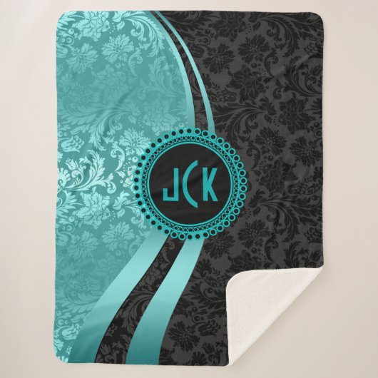 Turquoise-blauw & zwart damast geometrisch ontwerp sherpa deken (Voorkant)